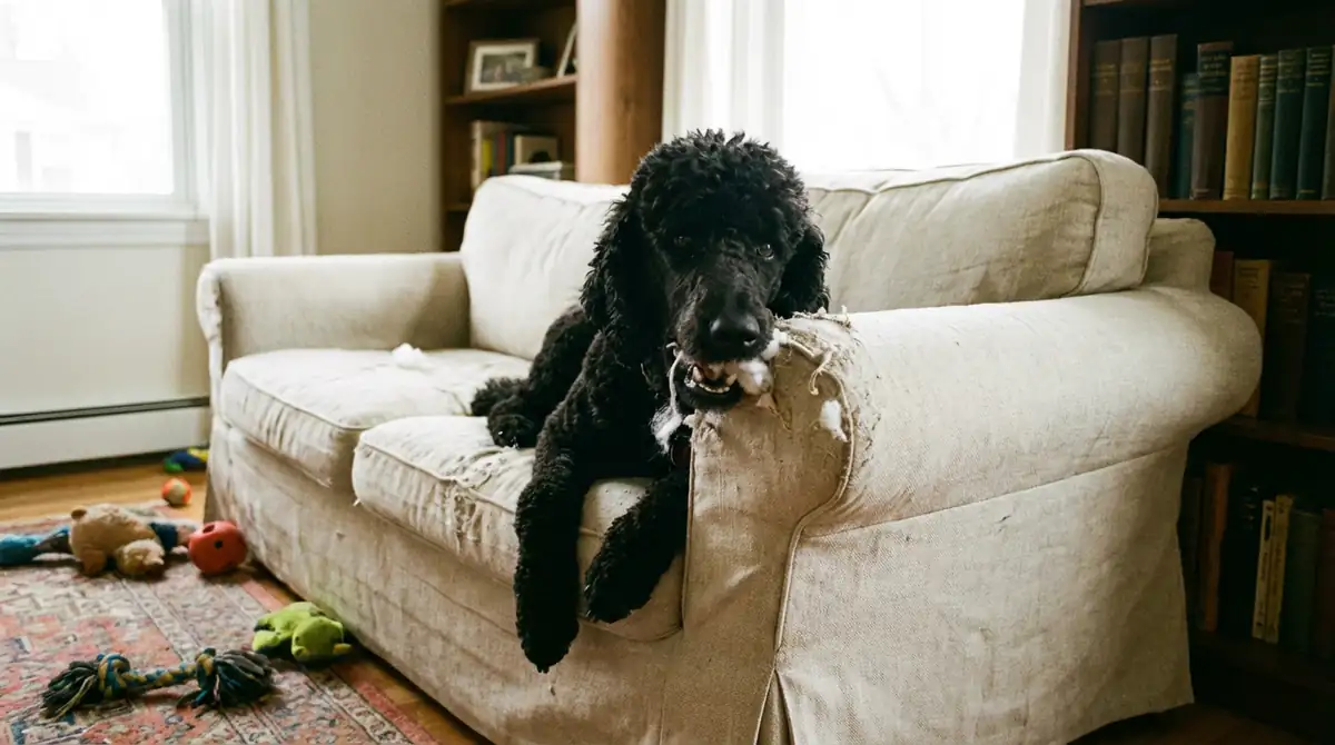 Стандартный черный пудель грызет диван