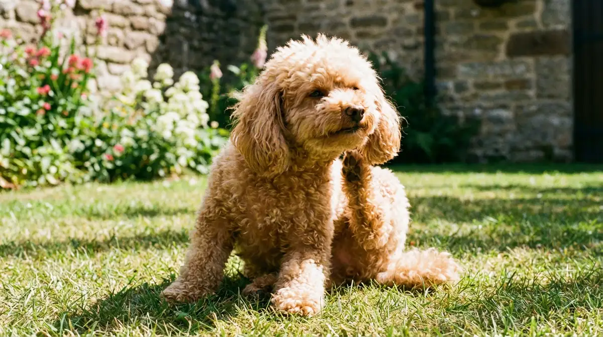 Карликовый абрикосовый пудель чешет ухо задней лапой