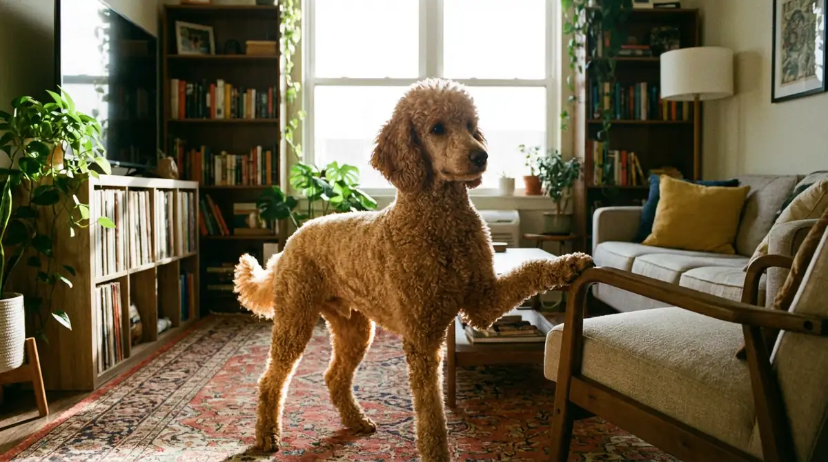 Абрикосовый стандартный пудель поджимает переднюю лапу