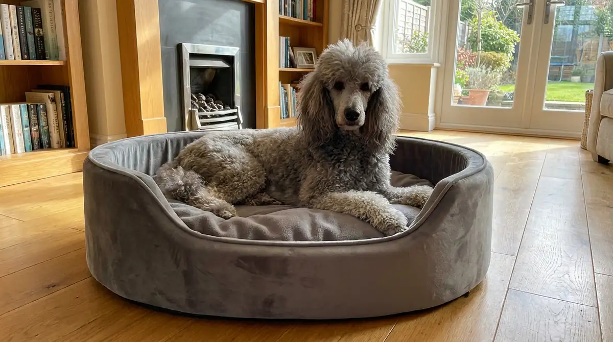 Серебряный стандартный пудель отдыхает на лежанке