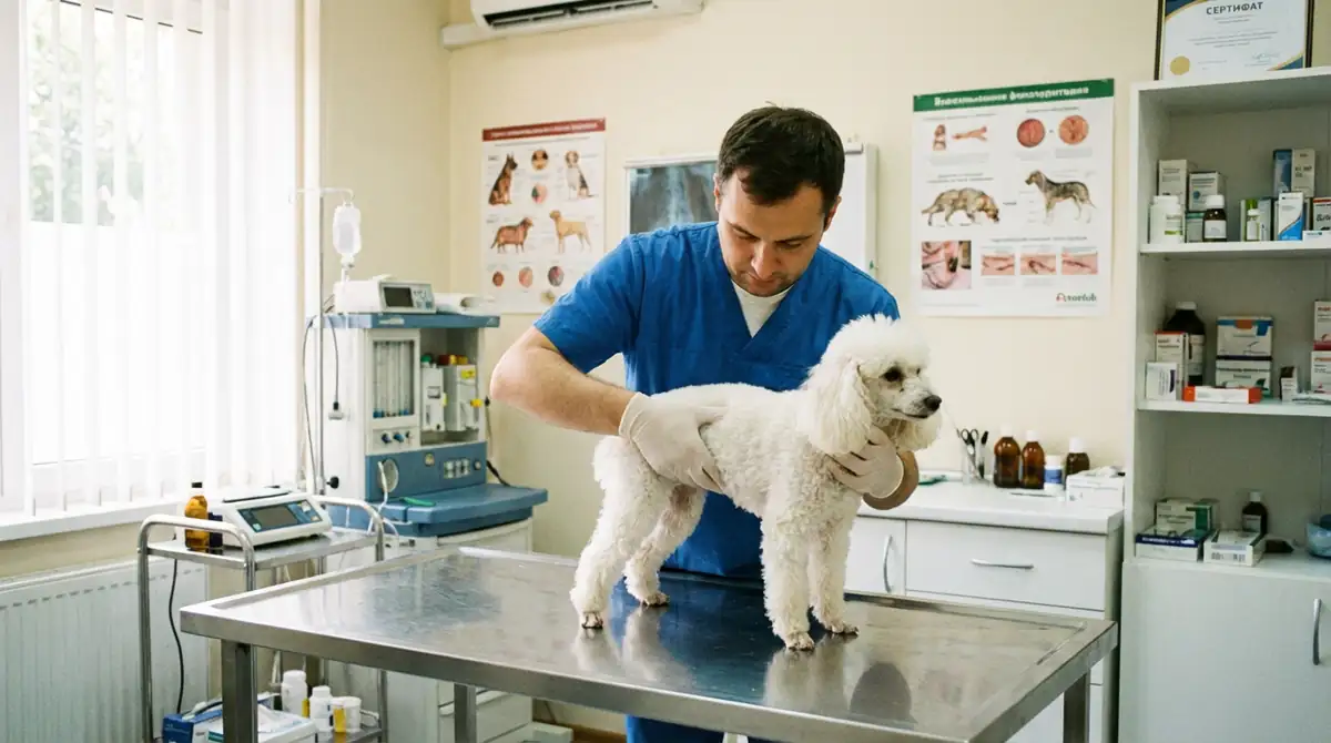 Ветеринар осматривает живот белого той-пуделя