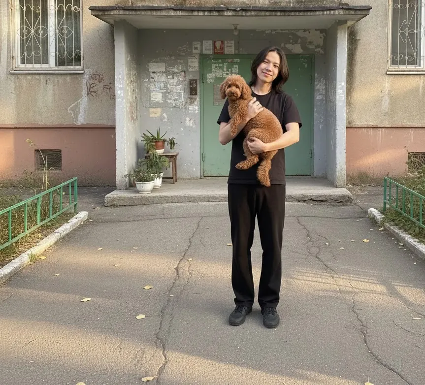 Вася держит в руках своего пуделя