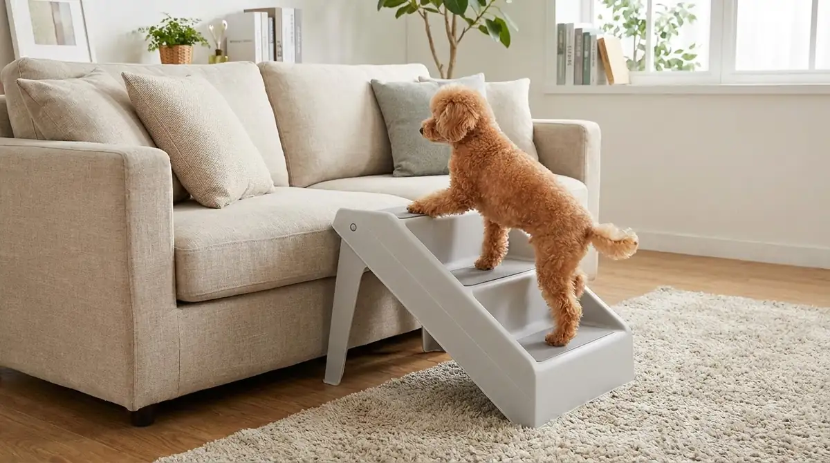 Пластиковая лесенка для маленькой собаки у дивана