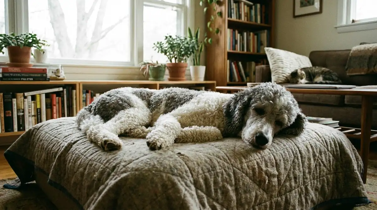 Пожилой пудель с сединой на морде отдыхает дома — признаки нормального старения у породы]