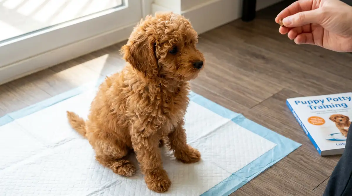 Абрикосовый щенок той-пуделя на пелёнке — приучение к туалету