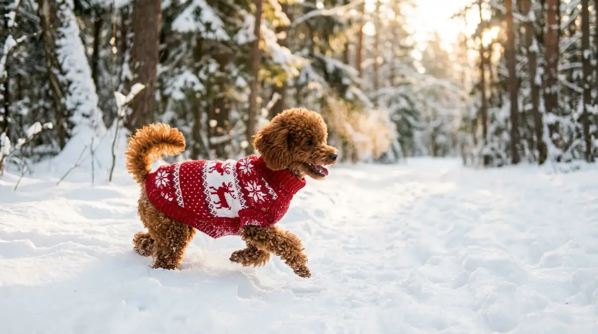 Той-пудель в свитере на зимней прогулке