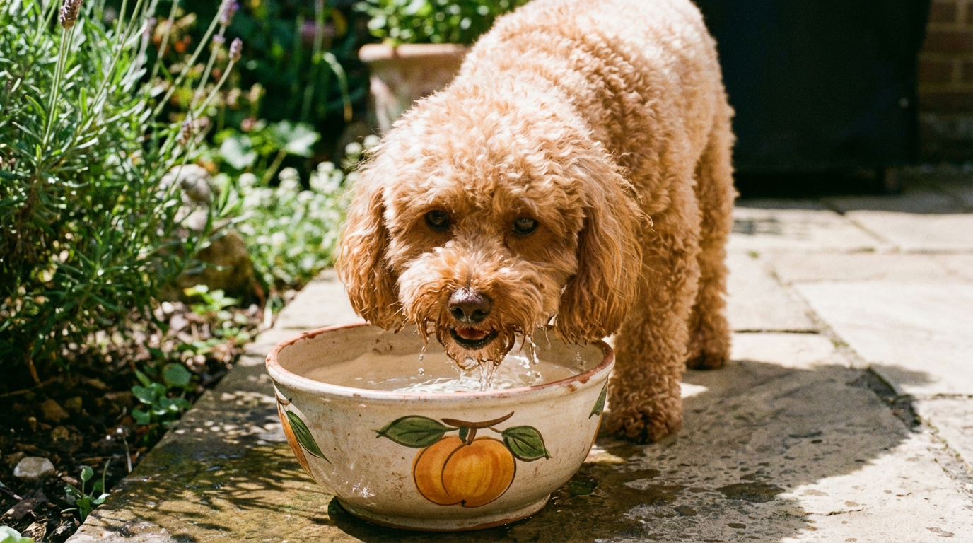 Абрикосовый той-пудель пьет воду из керамической миски