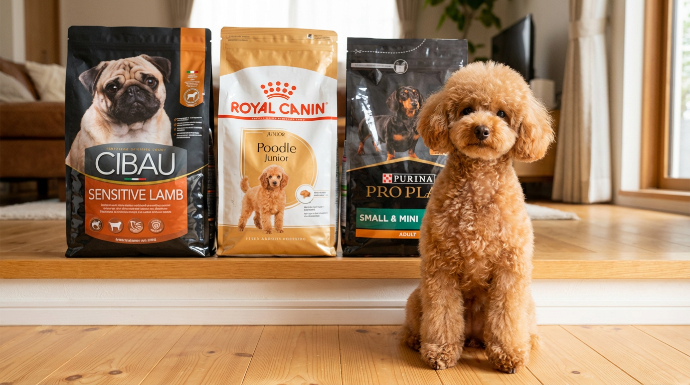 Абрикосовый той-пудель на фоне трех разных марок корма для собак. Подбор питания.