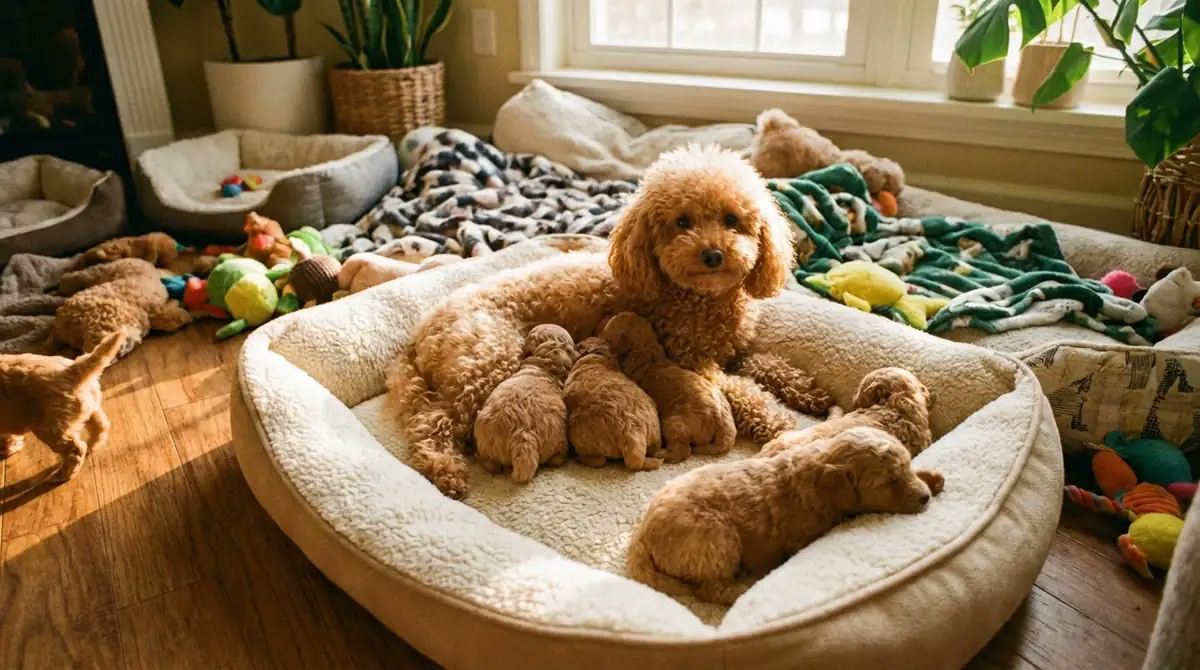 Сука карликового абрикосового пуделя со своими щенками на лежанке