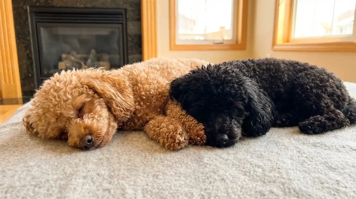 Карликовый абрикосовый и черный той пудель лежат рядом друг с другом