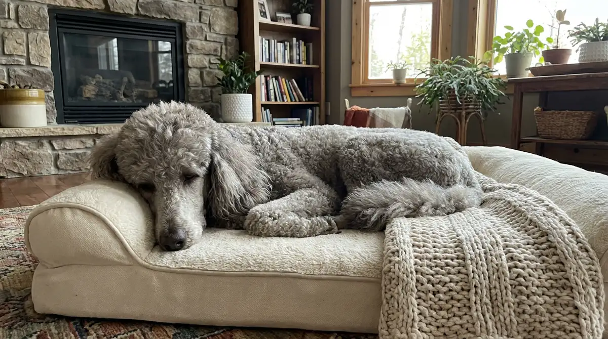 Серебристый королевский пудель отдыхает на лежанке дома