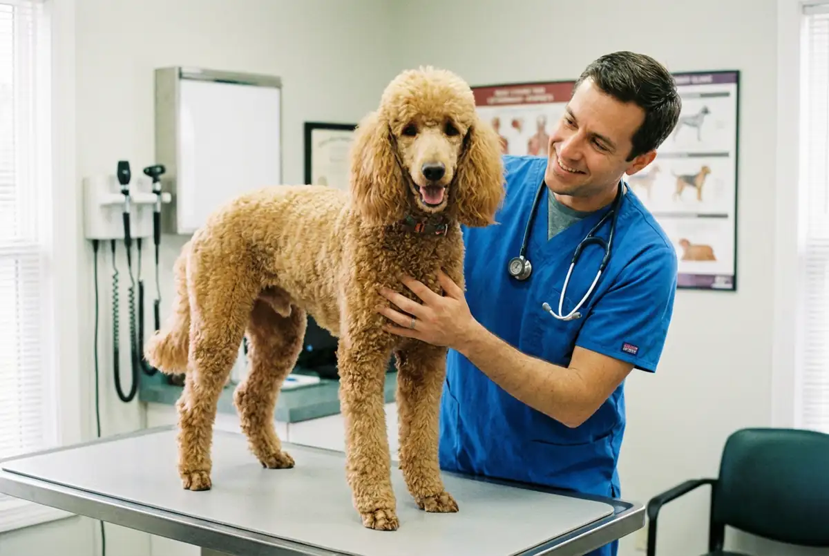 Стандартный абрикосовый пудель на приеме у ветеринара