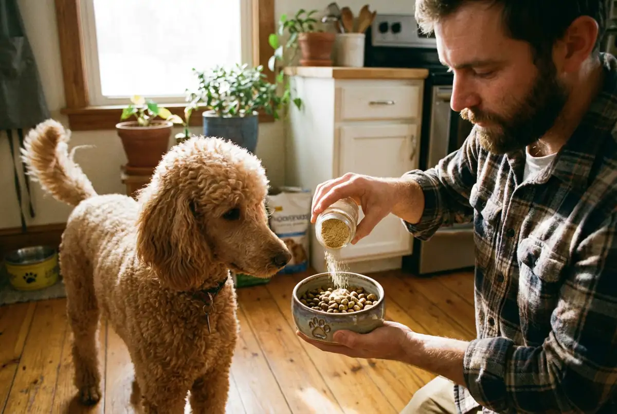 Хозяин сыпет витамины в сухой корм пуделя