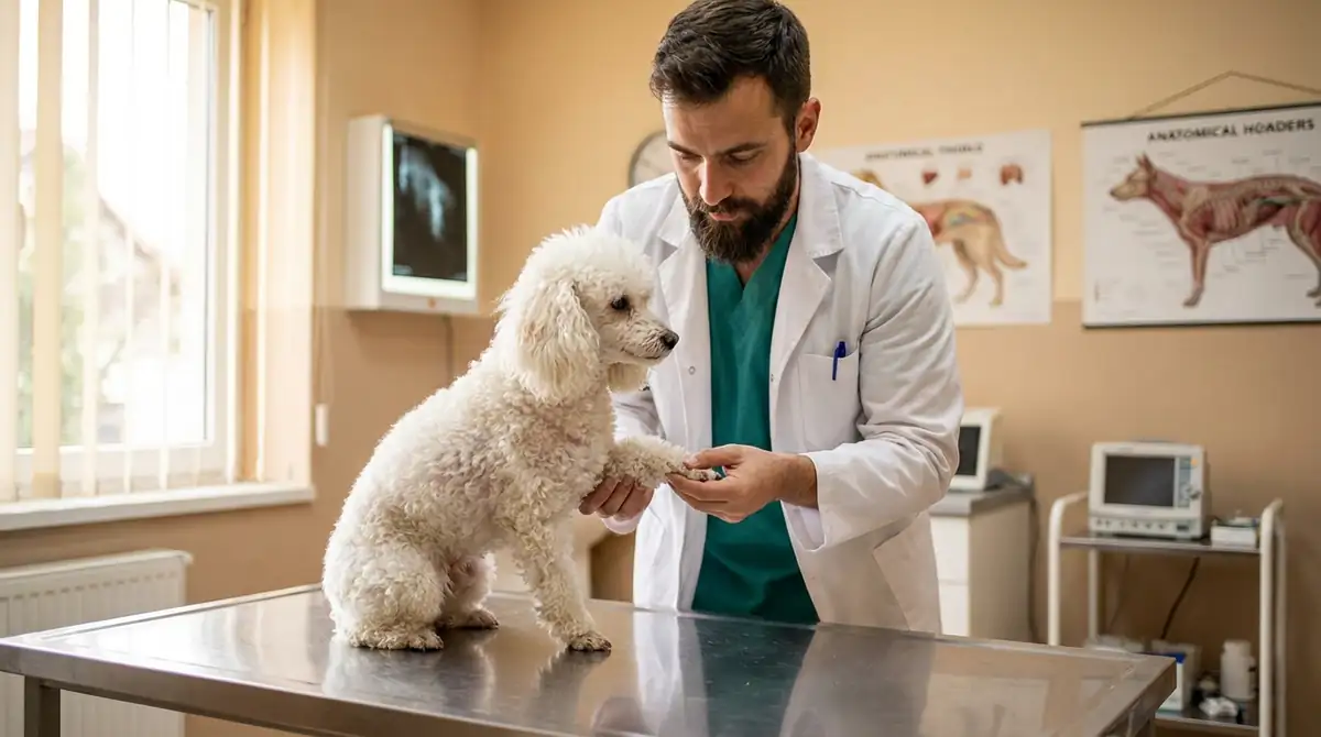 Ветеринар ощупывает лапу белого карликового пуделя.