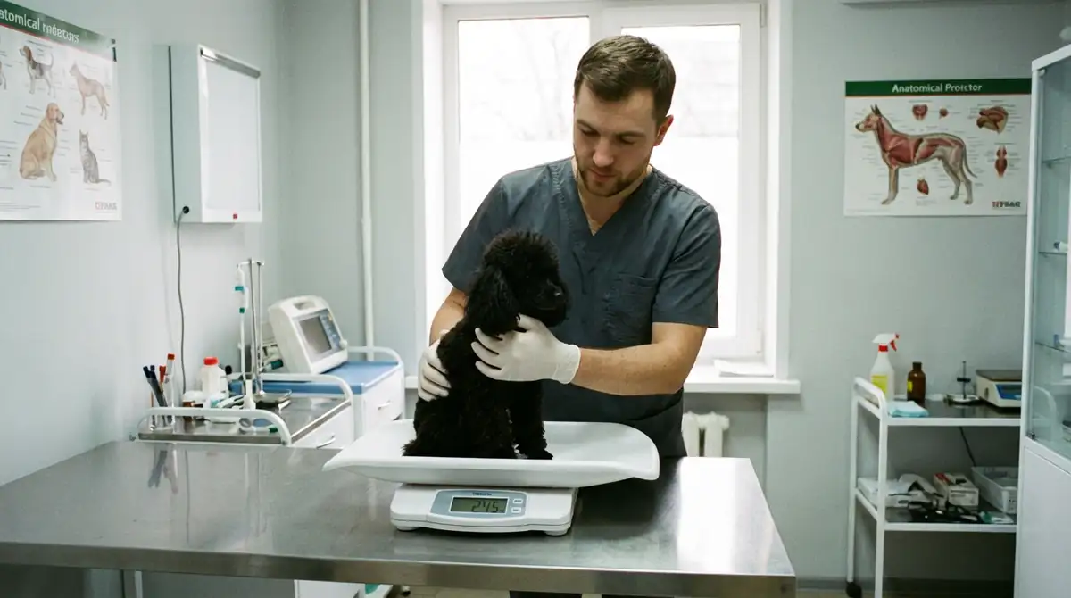 Ветеринар взвешивает черного той-пуделя