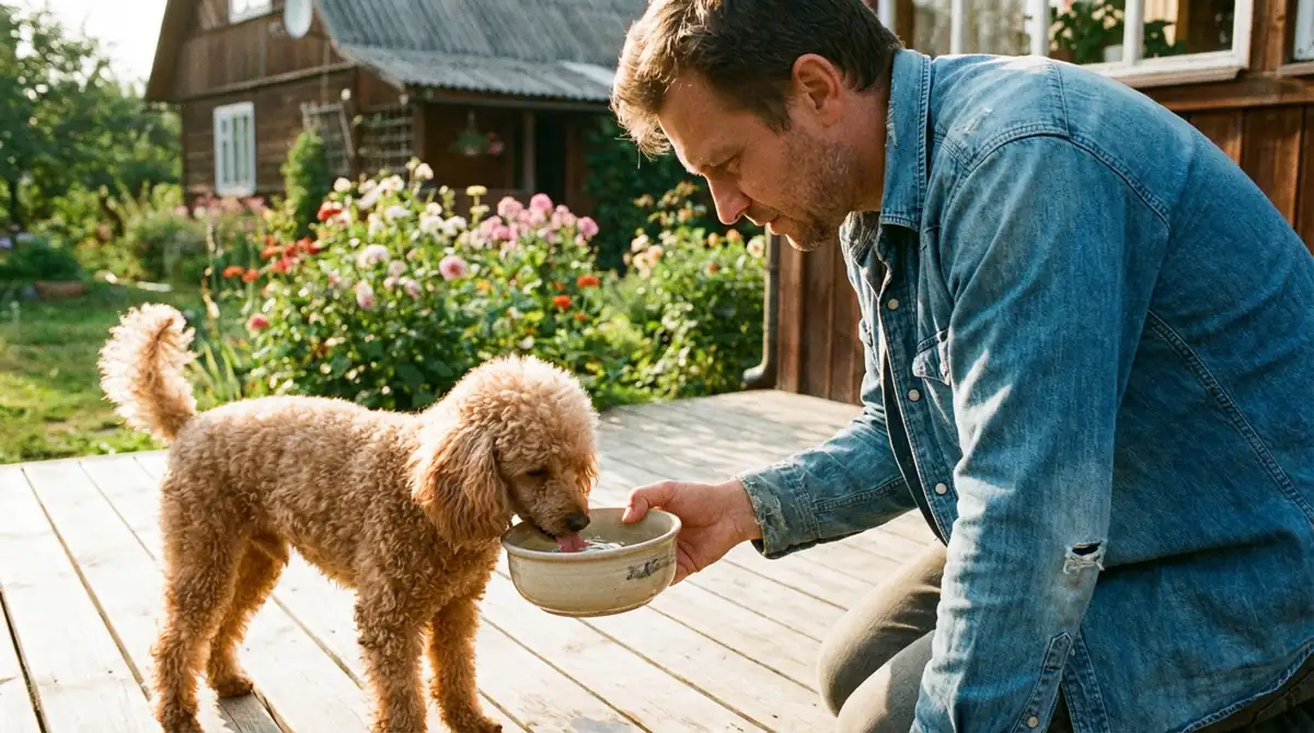 Мужчина дает абрикосовому карликовому пуделю миску с водой