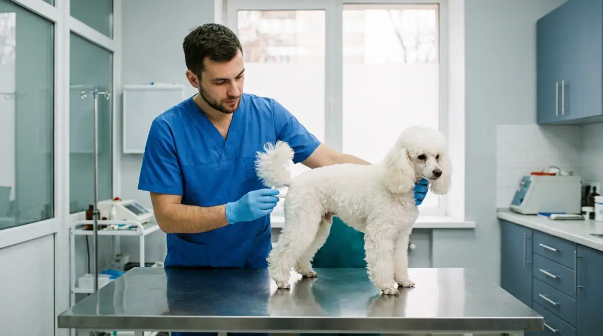Ветеринар проводит ректальную термометрию белому карликовому пуделю