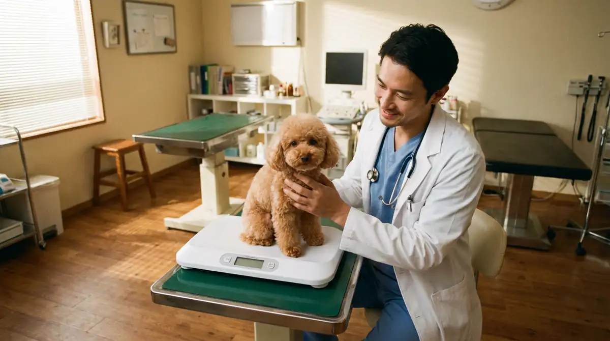 Ветеринар взвешивает абрикосового той-пуделя.