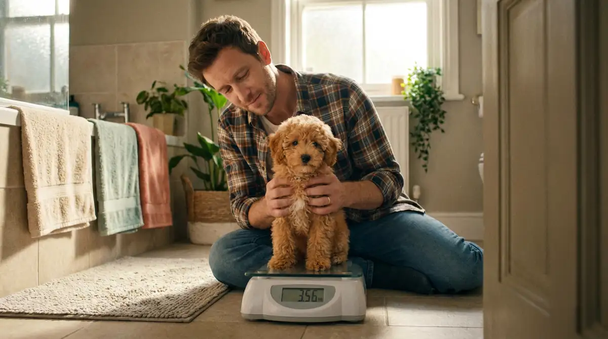 Хозяин взвешивает абрикосового щенка карликового пуделя на человеческих весах