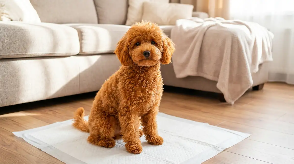 Абрикосовый карликовый пудель сидит на пелёнке