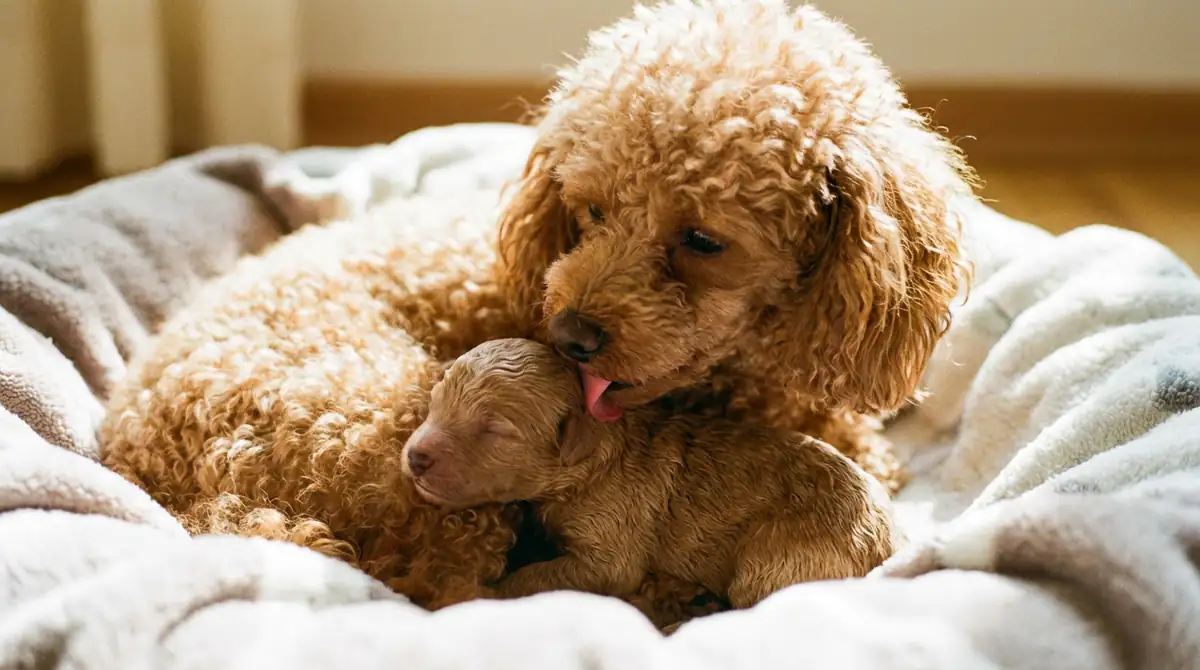 Абрикосовый карликовый пудель облизывает своего новорожденного щенка