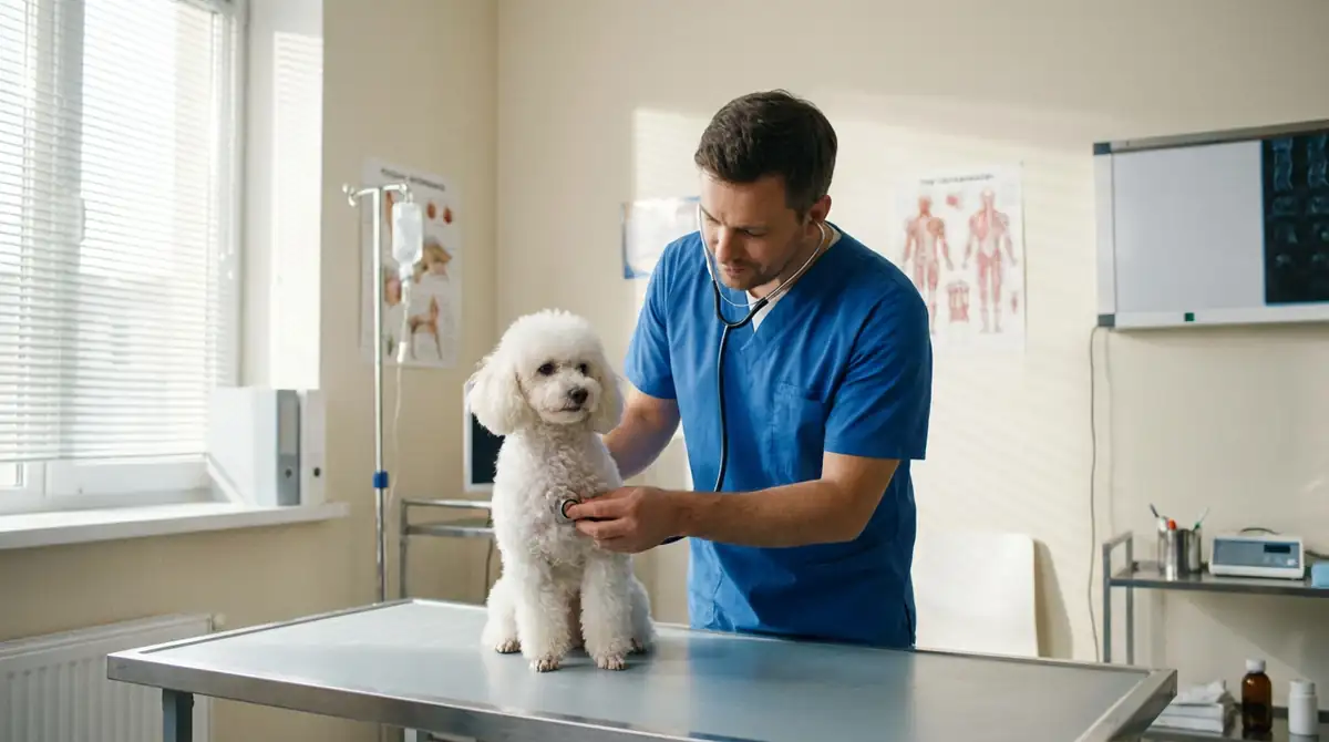 Белый карликовый пудель на приеме у ветеринара